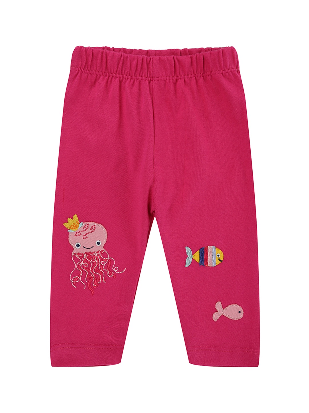 

Lilly and Sid Girls Pink Solid Pure Organic Cotton Ankle-Length Sea Friends Applique Sustainable Leggings