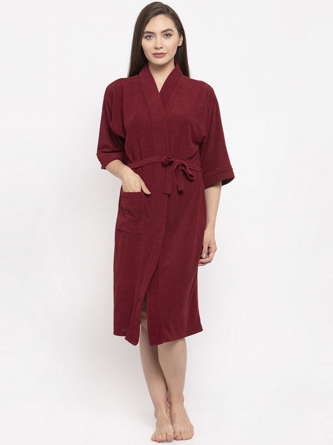 

ELEVANTO Women Maroon Solid Bath Robe