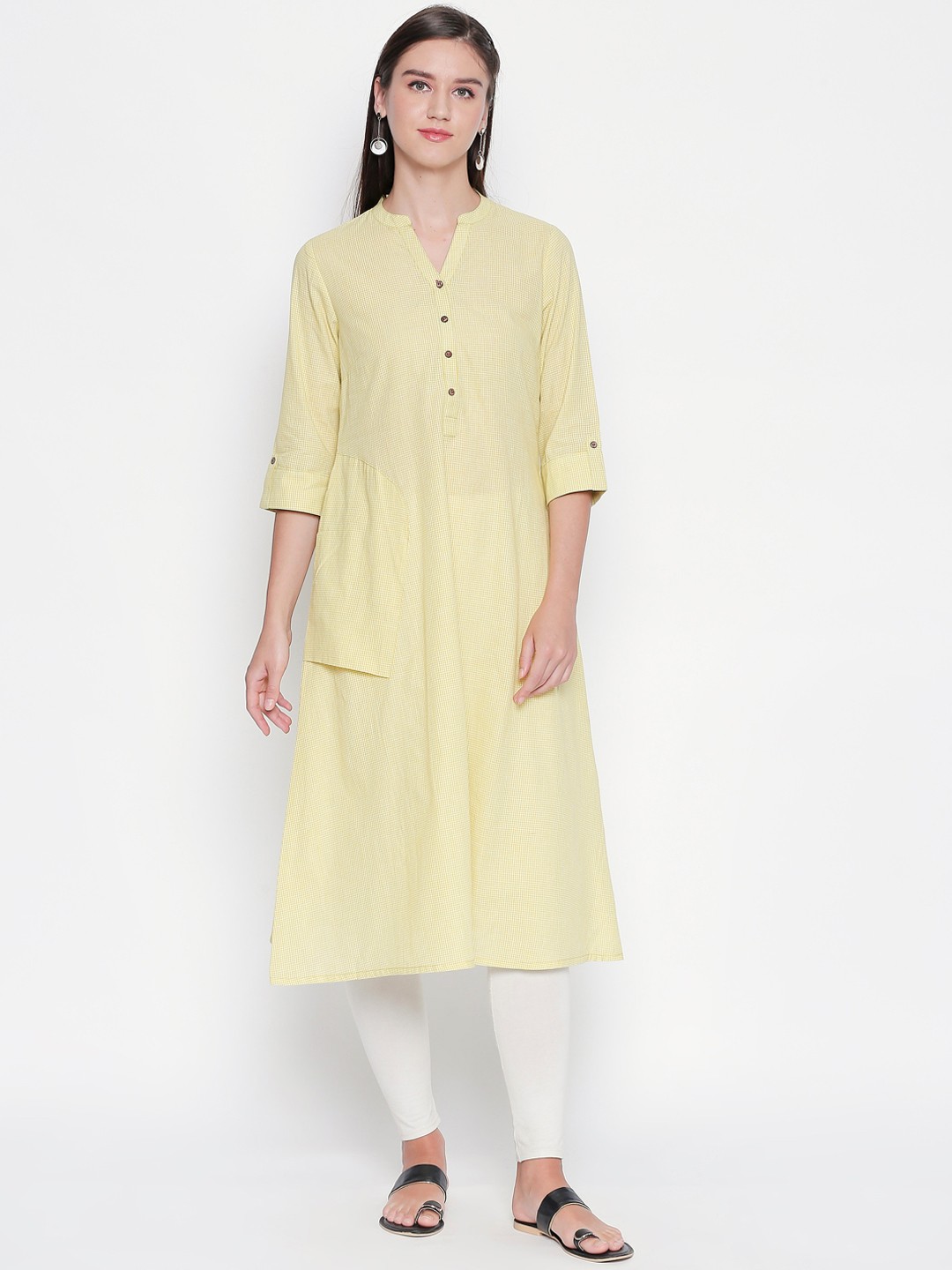 

RANGMANCH BY PANTALOONS Women Yellow & White Checked A-Line Kurta