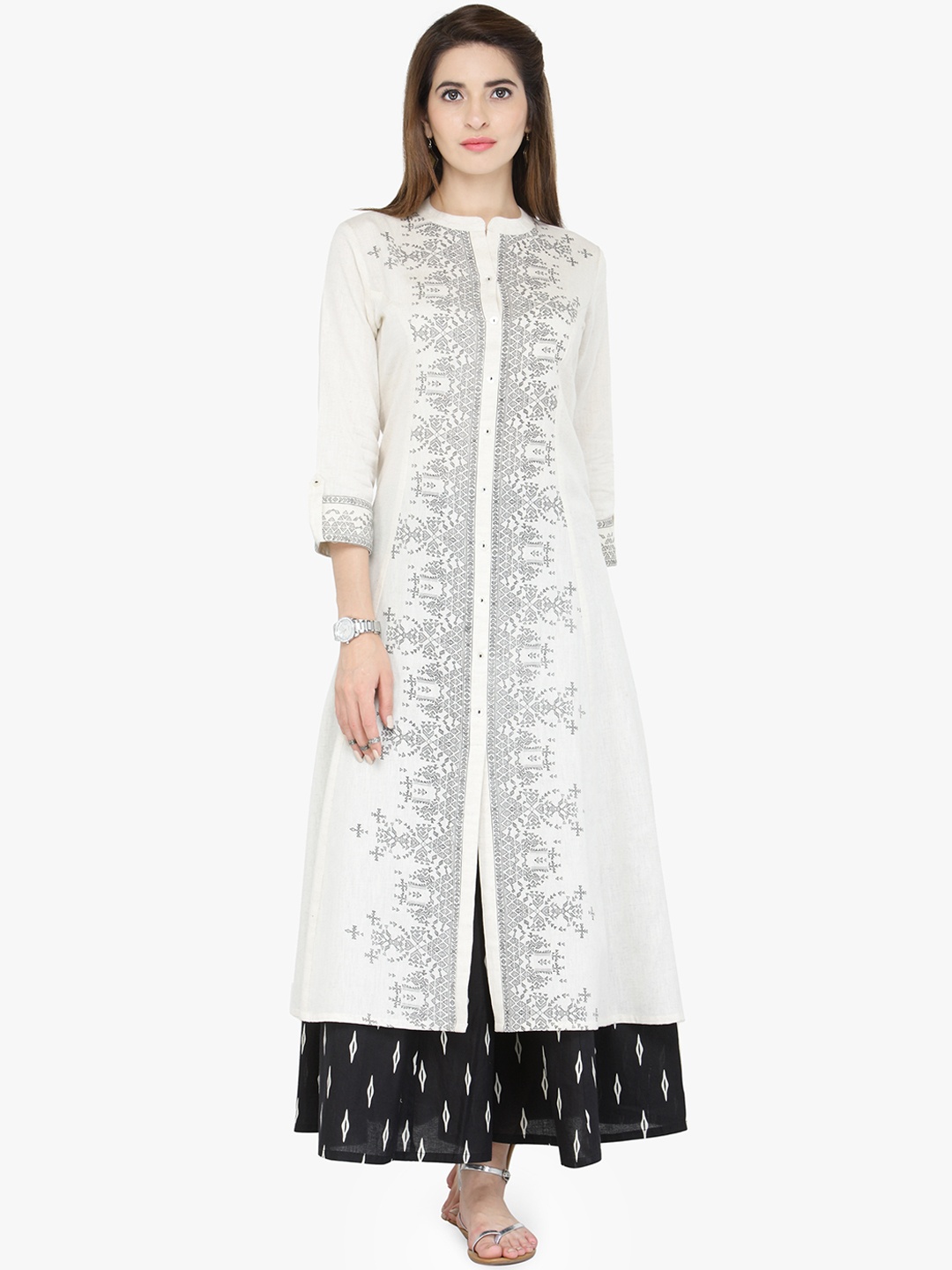 

Varanga Women White & Black Printed Straight Layered Kurta