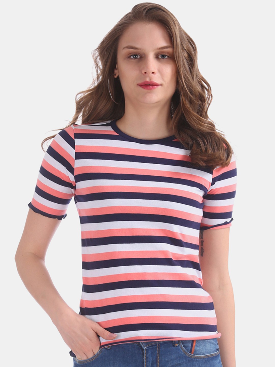 

Flying Machine Women Pink & Blue Striped Round Neck T-shirt
