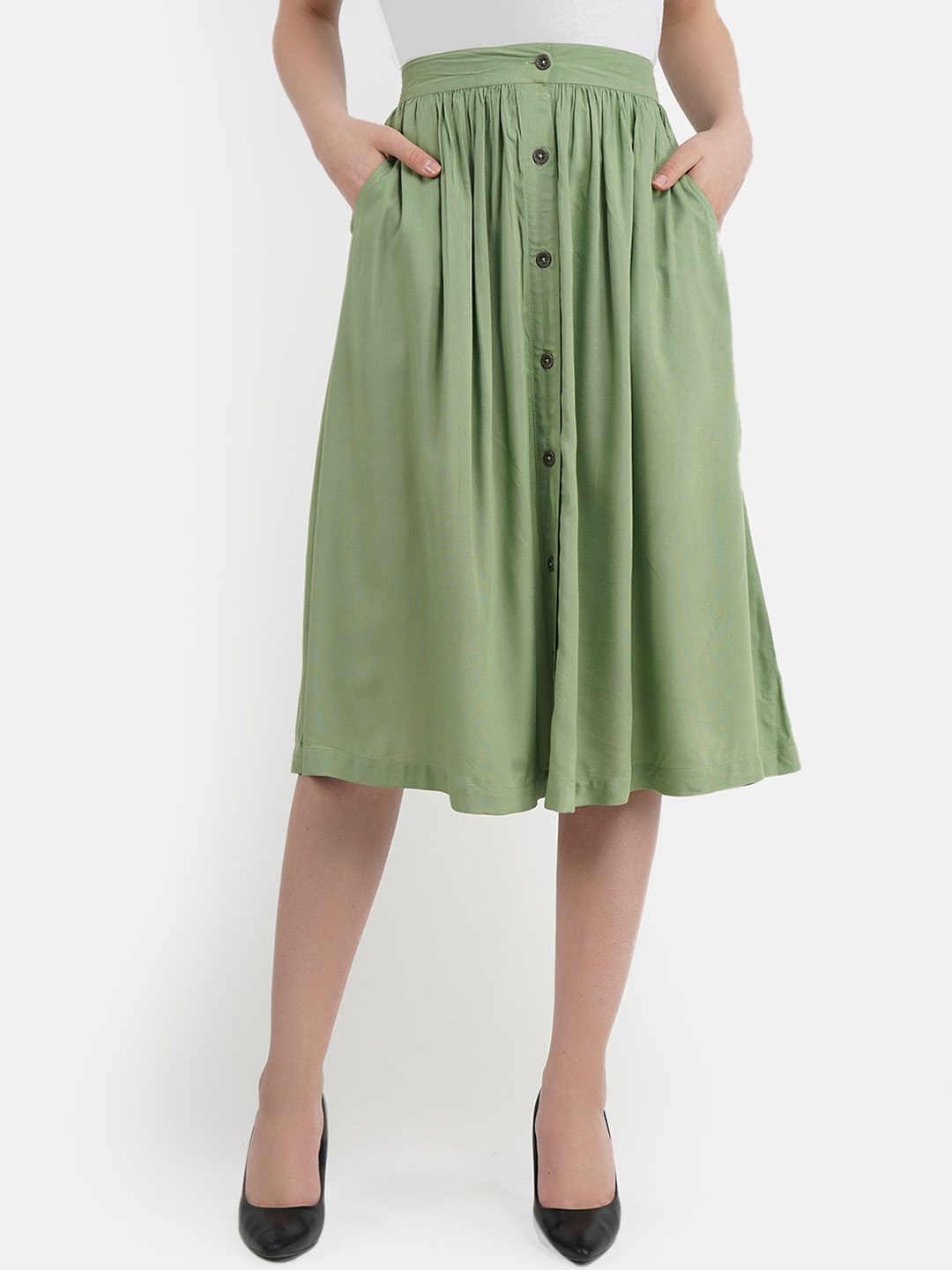 

Aditi Wasan Women Green Solid A-Line Midi Dirndl Skirt
