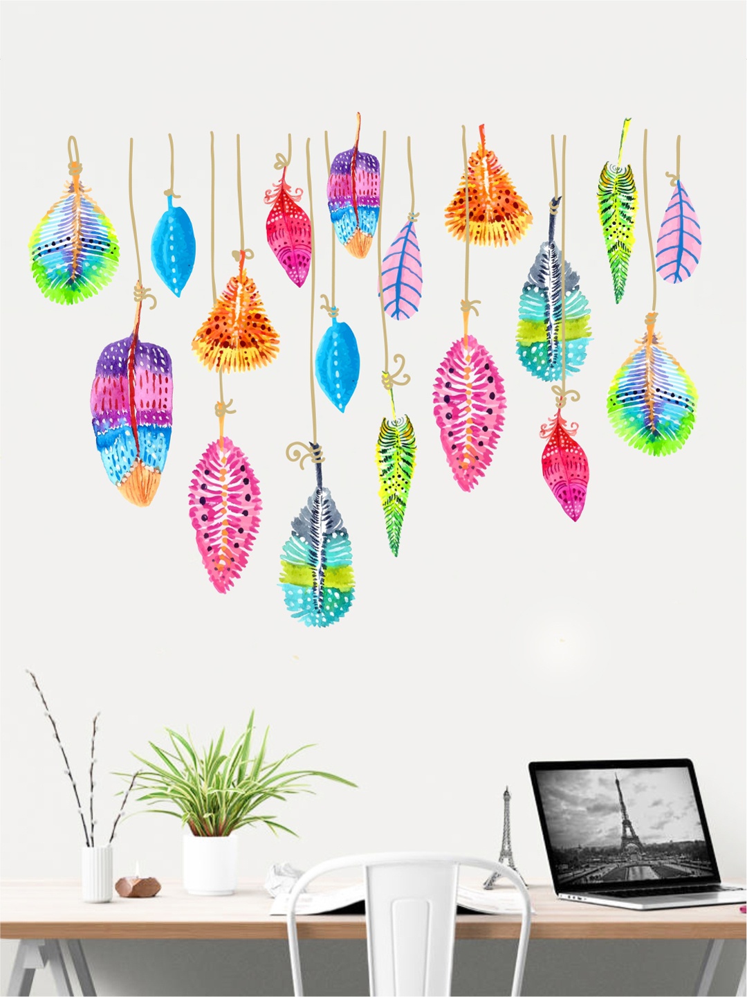 

rawpockets Multicolour Printed Feathers PVC Wall Sticker, Multi