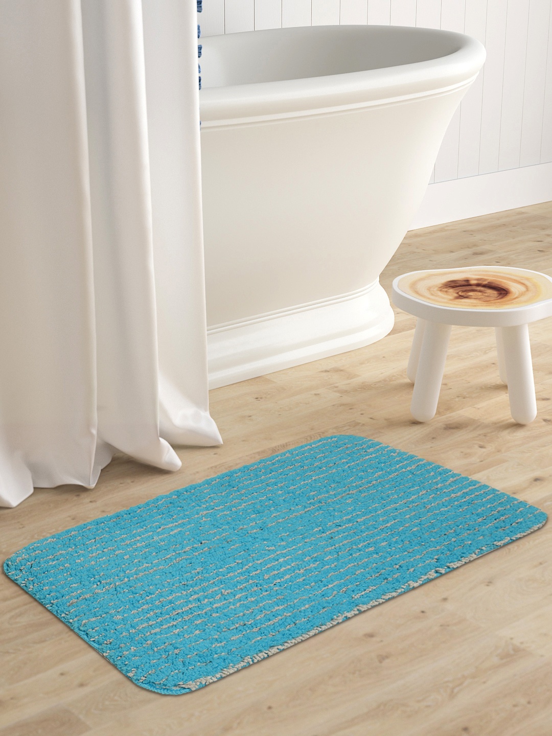 

Saral Home Turquoise Blue Striped Anti Skid Bath Rugs