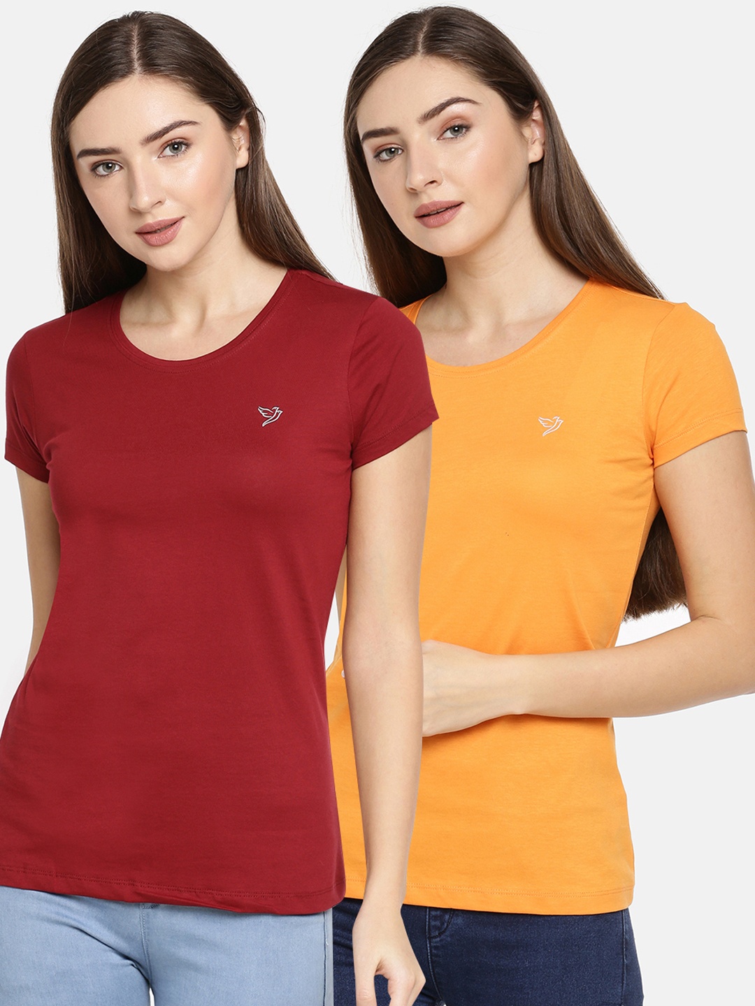 

TWIN BIRDS Women Pack Of 2 Orange Maroon Solid Round Neck Pure Cotton T-shirt