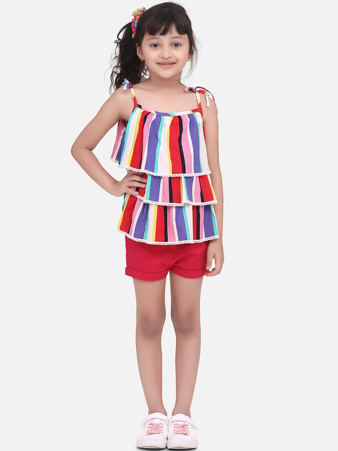 

StyleStone Girls Red & Purple Striped Top with Shorts