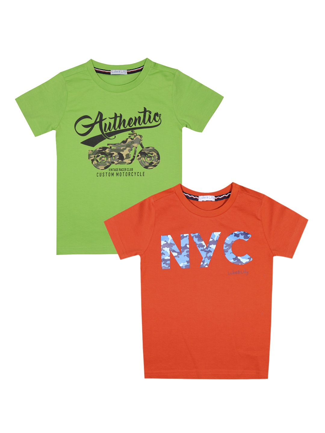 

Luke Lilly Boys Pack of 2 Green Printed Round Neck Pure Cotton T-shirt