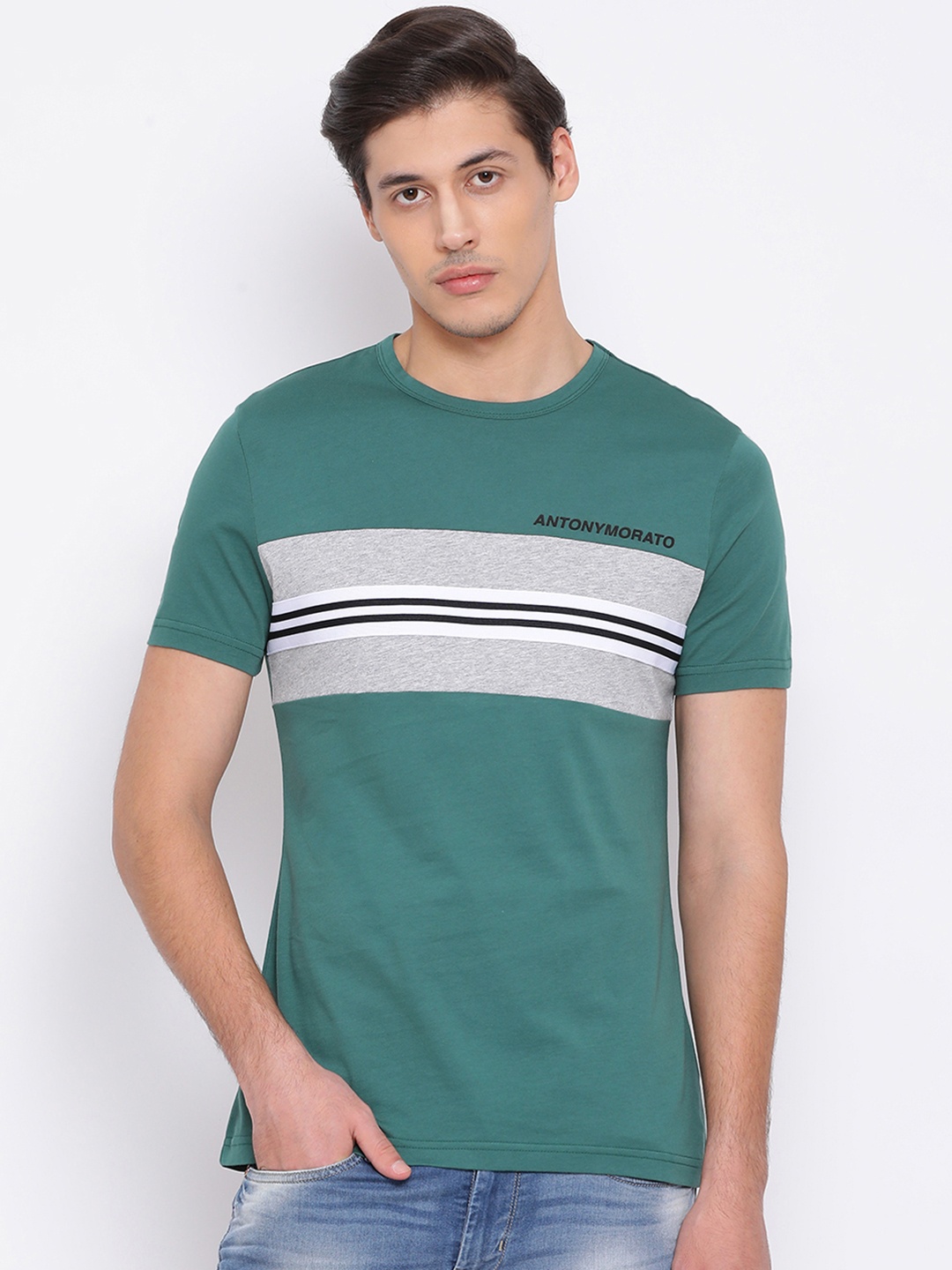 

Antony Morato Men Green Grey Striped Round Neck Pure Cotton T-shirt