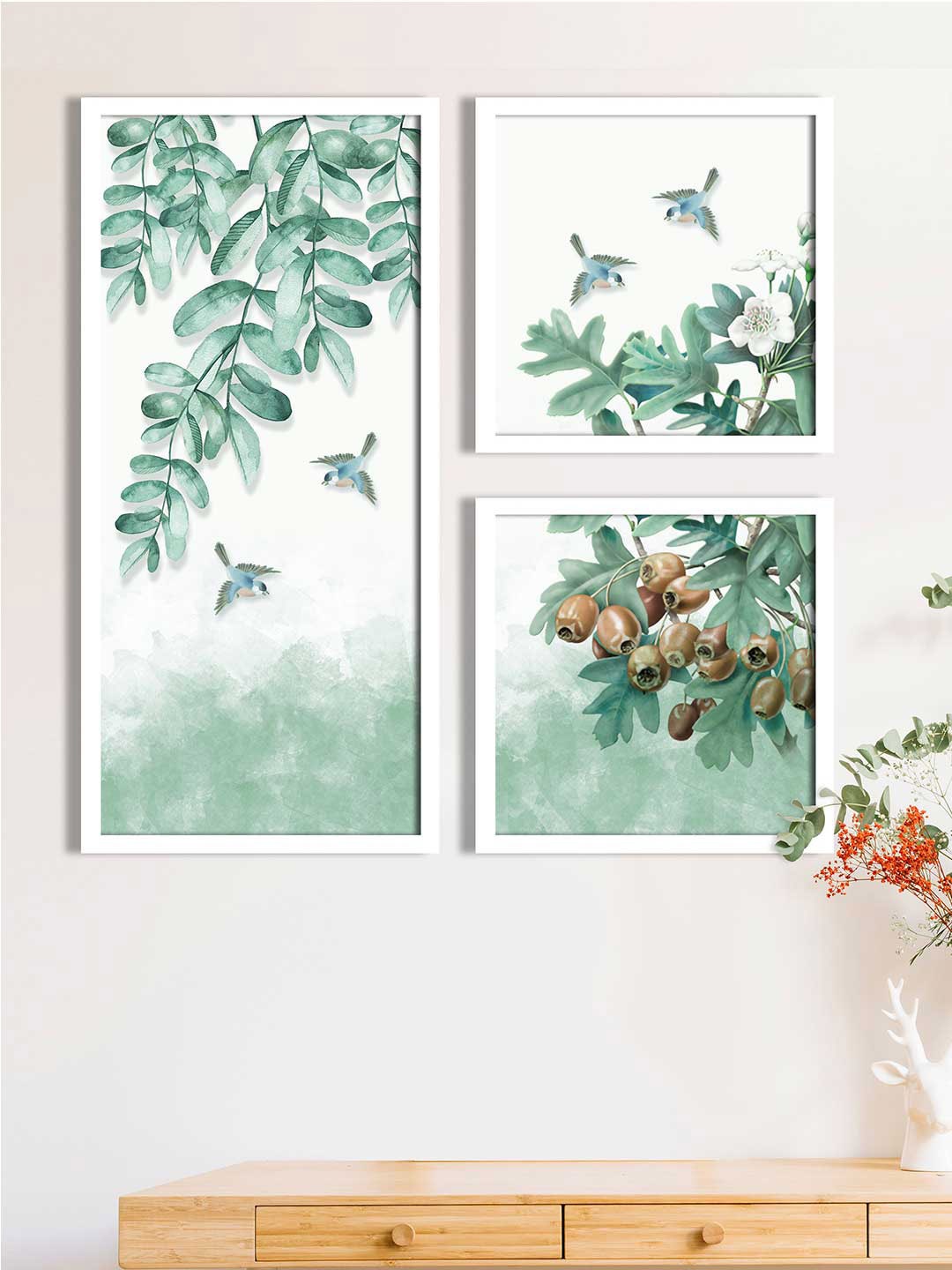 

Art Street Set Of 3 Sea-Green & White Printed Four Sparrow Framed Wall Art