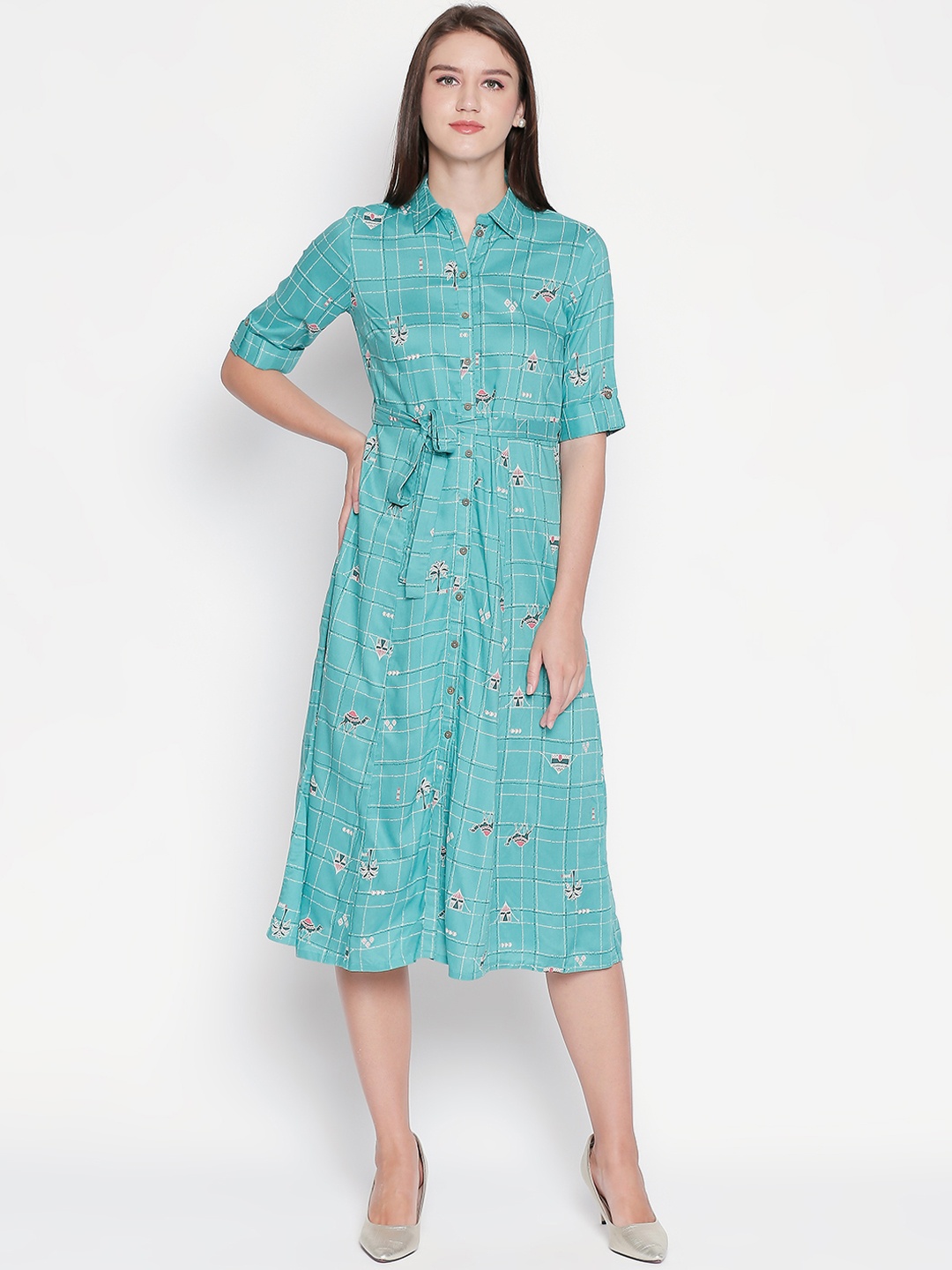 

AKKRITI BY PANTALOONS Women Blue Checked Shirt Dress