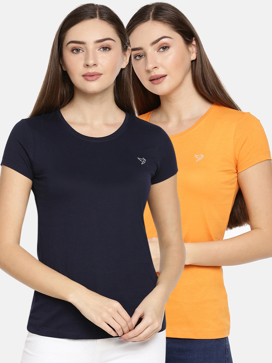 

TWIN BIRDS Women Navy Blue Solid Round Neck Pure Cotton T-shirt