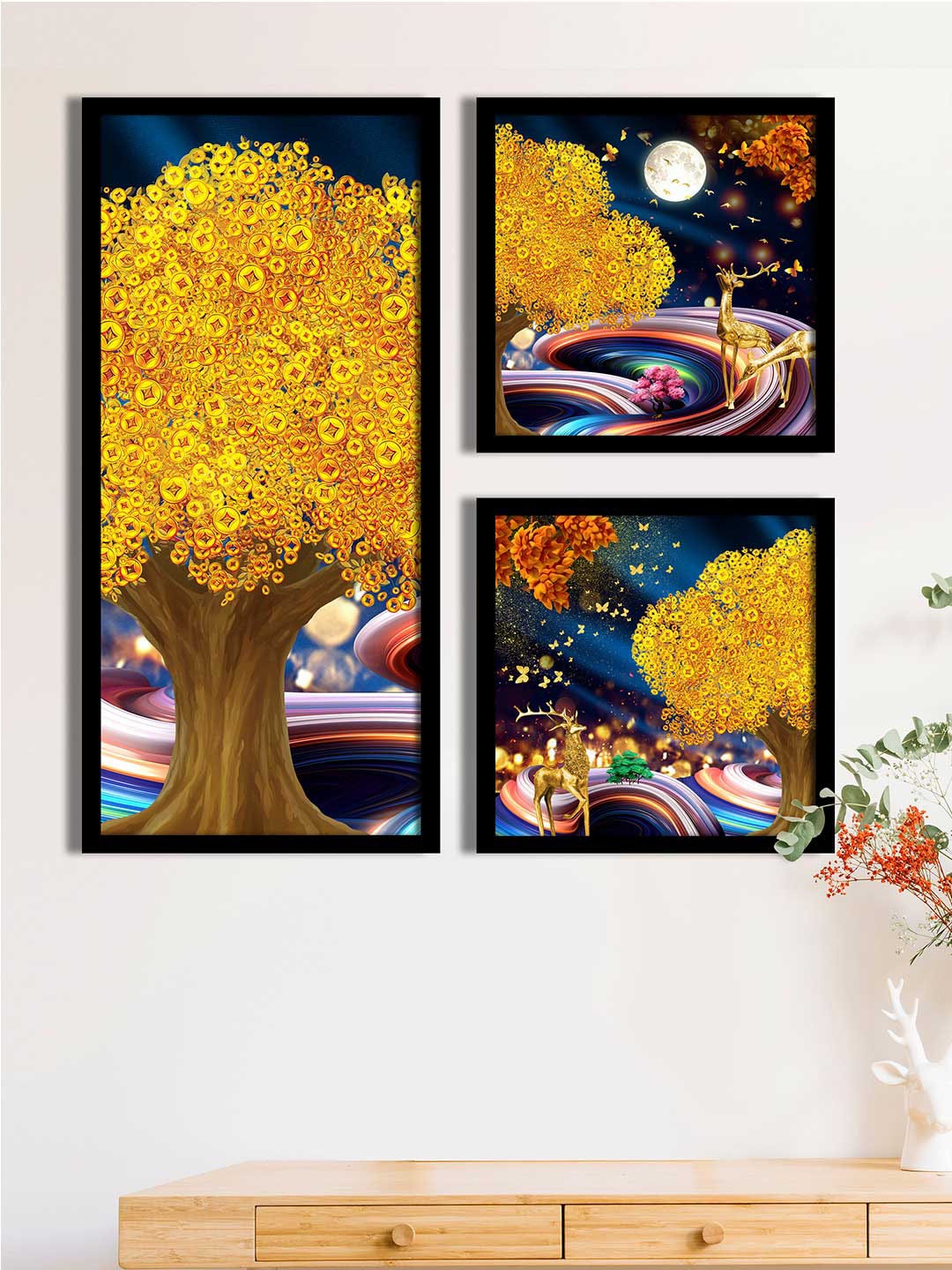 Art Street Set Of 3 Yellow & Navy Blue Tree Printed Framed Wall Art