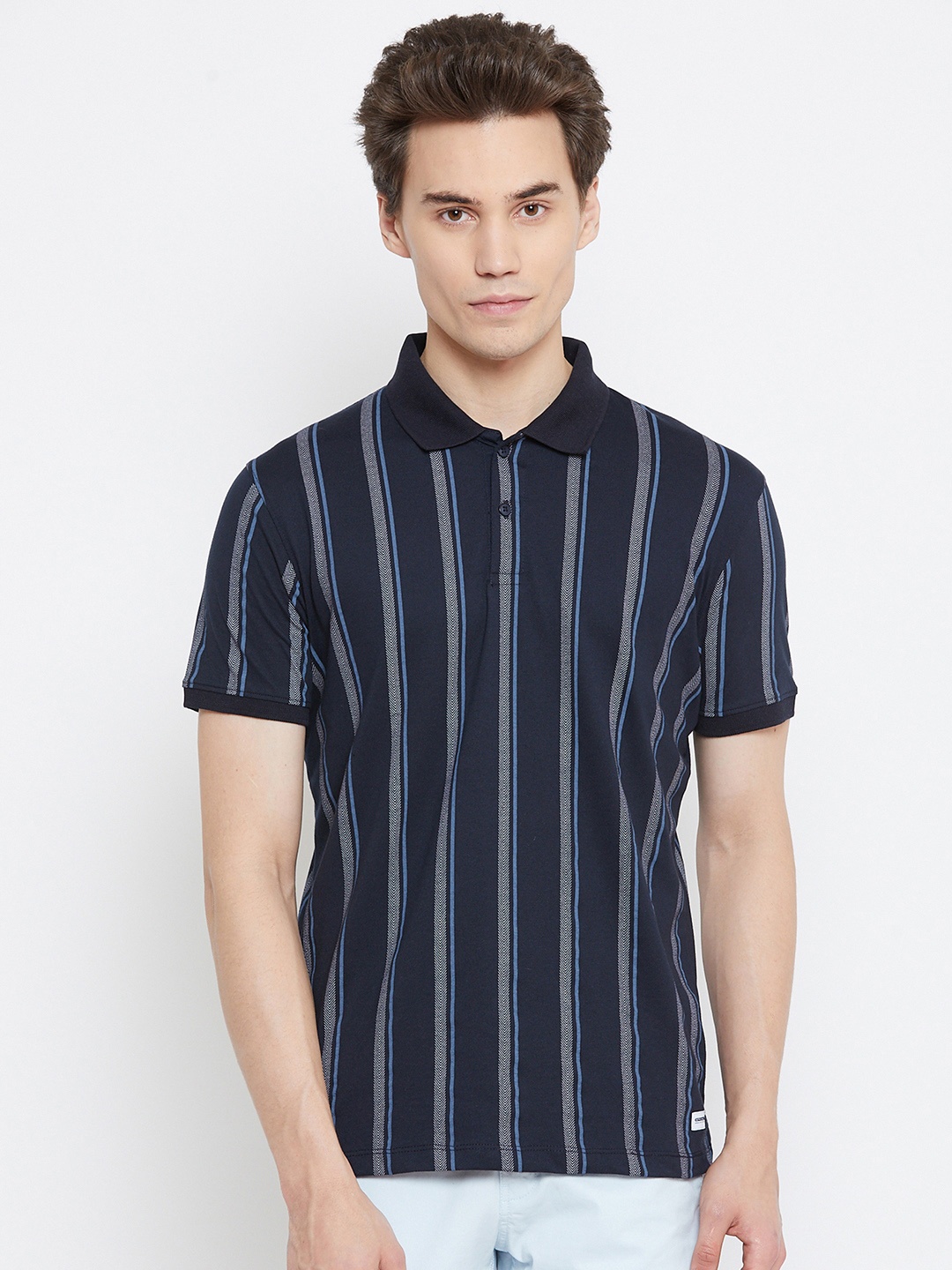 

Octave Men Navy Blue Striped Polo Collar T-shirt