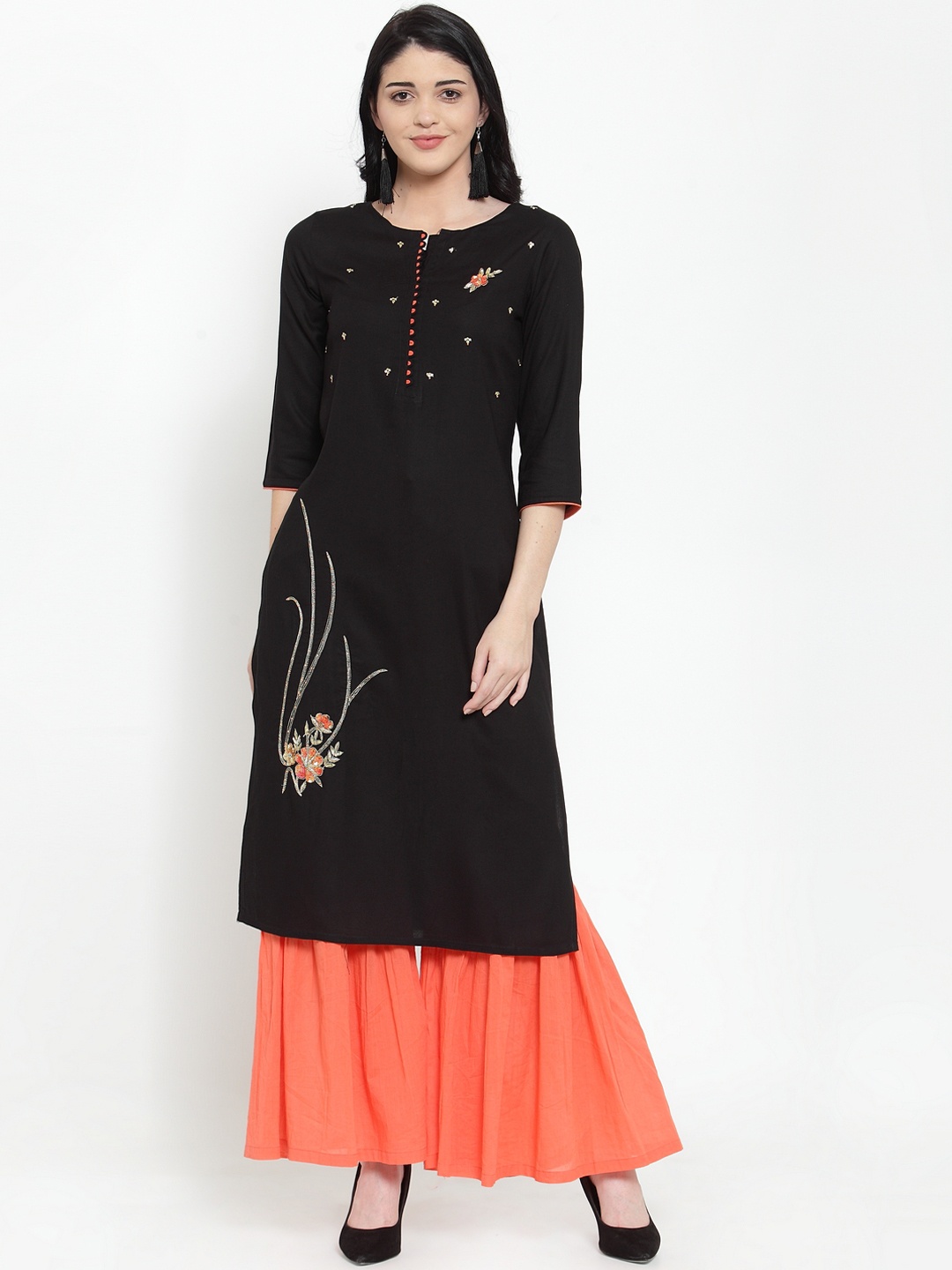 

ANAISA Women Black & Orange Embroidered Kurta with Sharara
