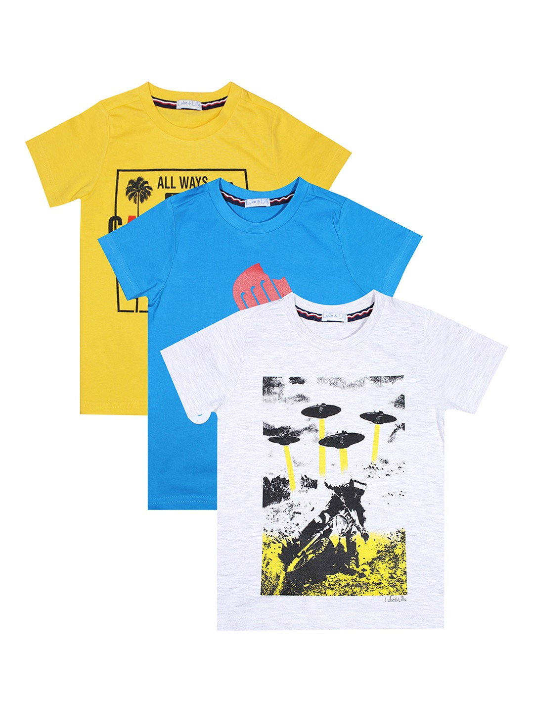 

Luke Lilly Boys Pack Of 3 Printed Round Neck Pure Cotton T-shirts, Blue