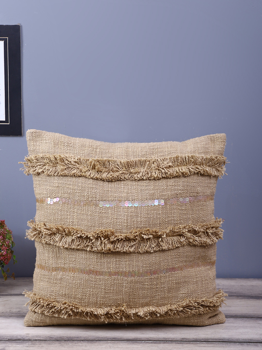 

eyda Beige Self Design Fringed Square Cushion Cover