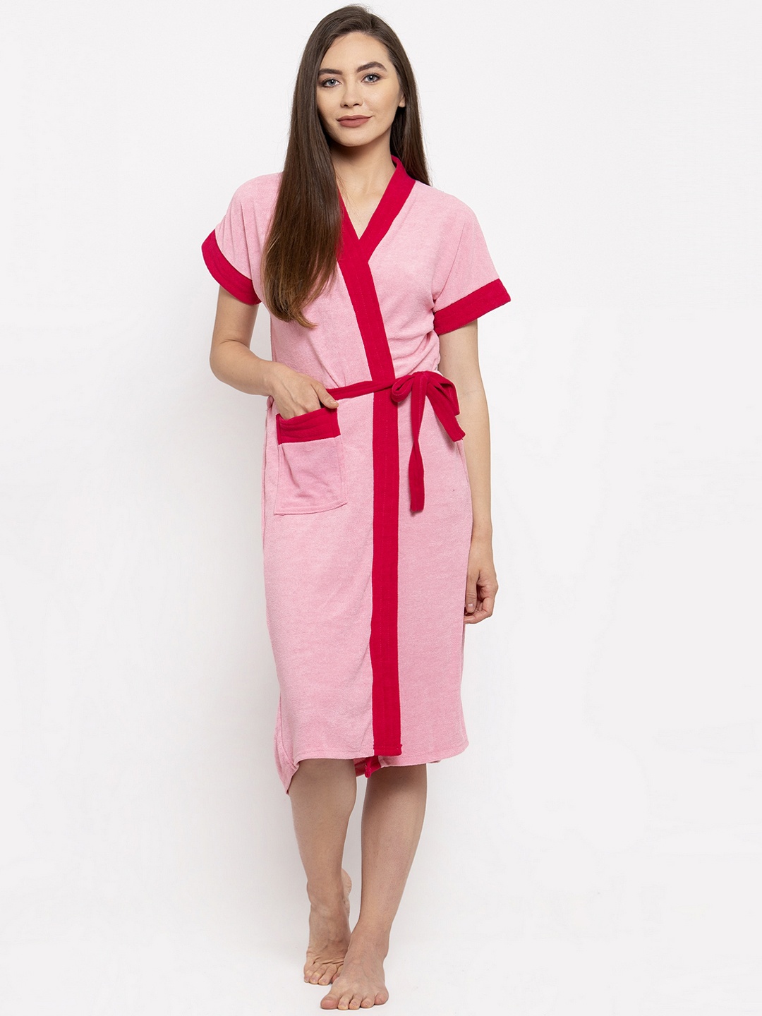 

ELEVANTO Women Pink & Red Colourblocked Bath Robe