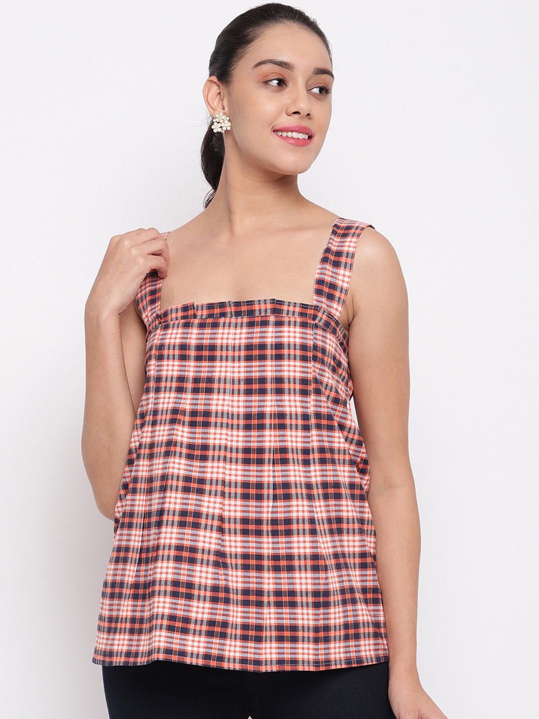 

FABNEST Women Orange & Navy Blue Checked A-Line Top