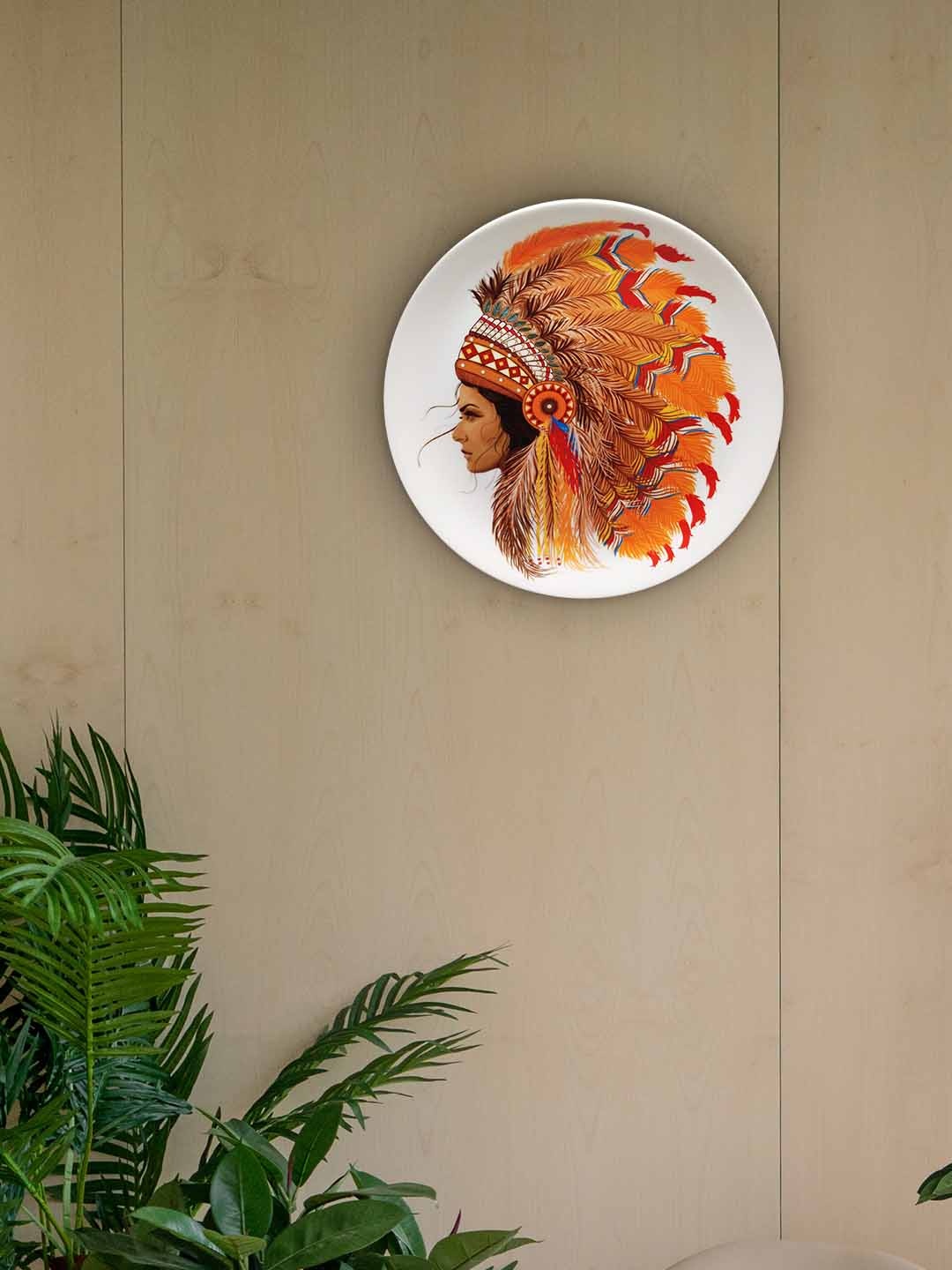 KOLOROBIA Orange & White Red Indians Printed Ceramic Wall Decor