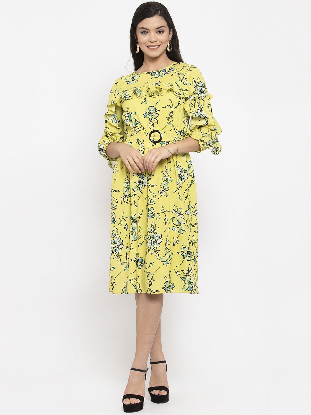 

KASSUALLY Women Yellow & Black Floral Printed Fit and Flare Dress