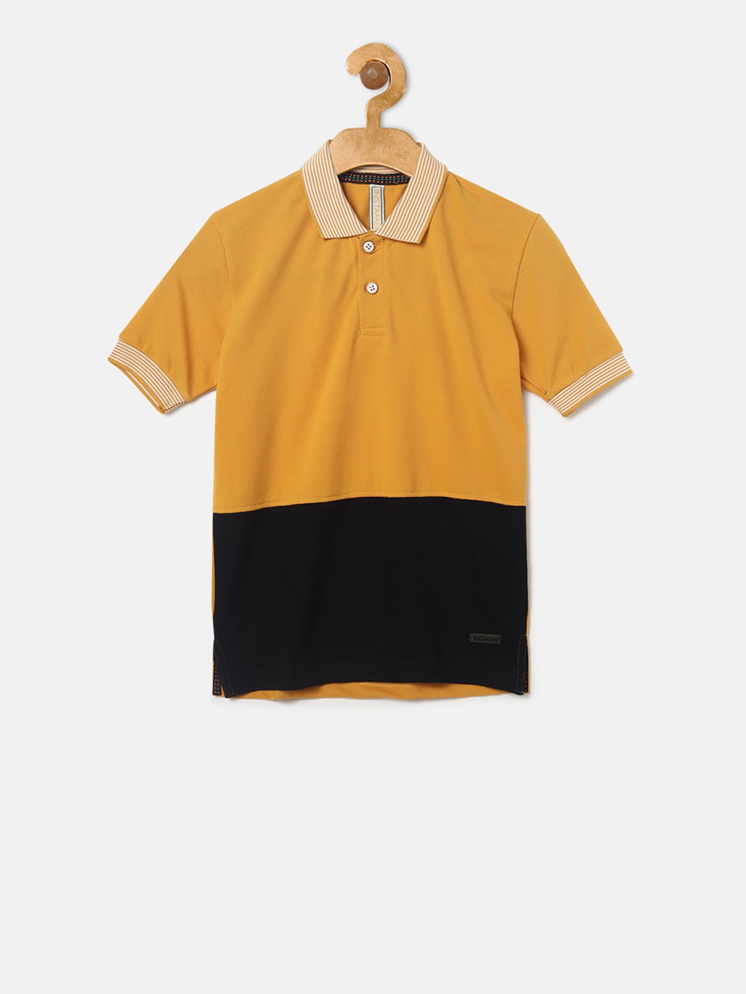 

Instafab Boys Mustard Yellow & Black Colourblocked Polo Collar T-shirt