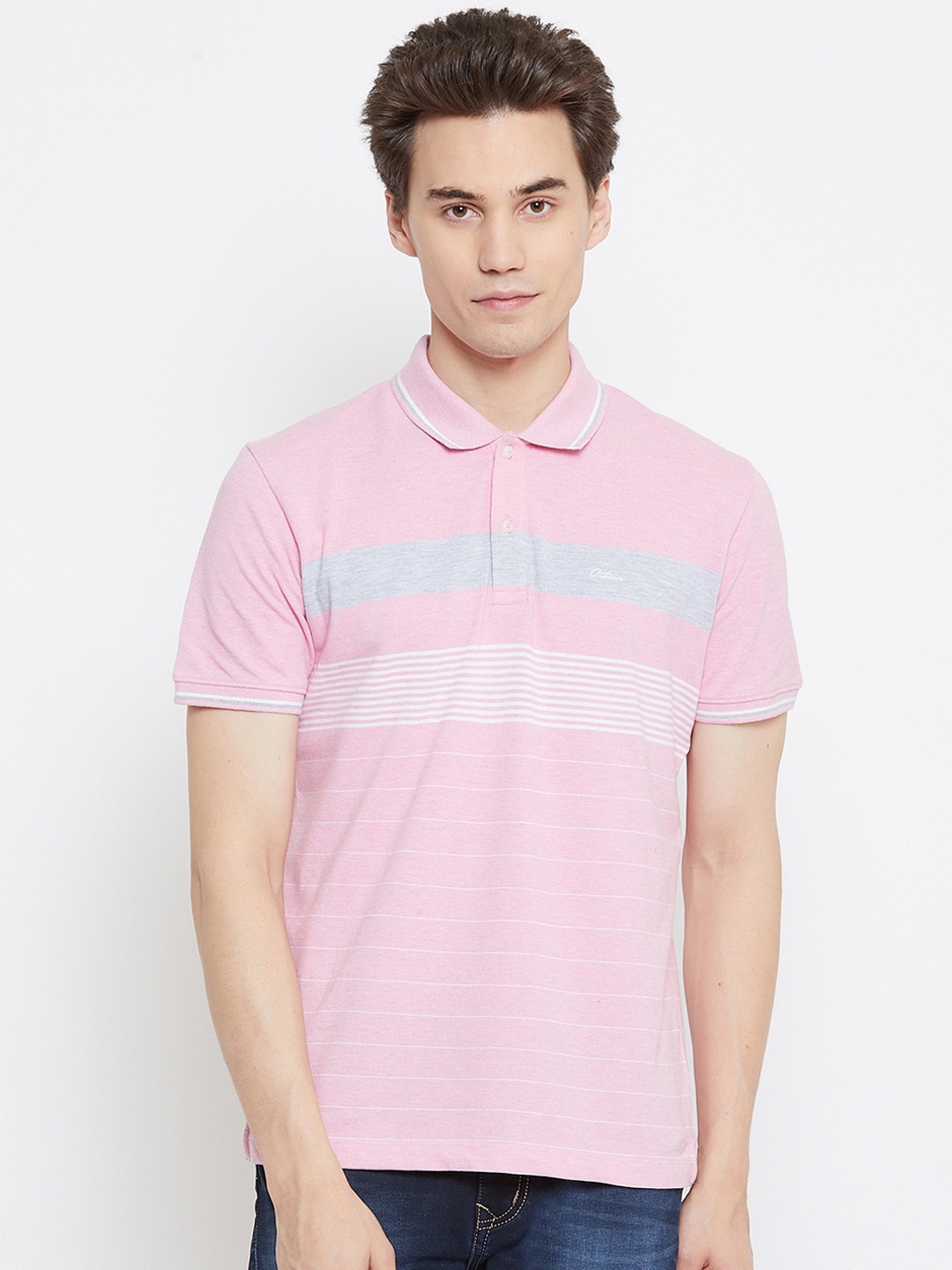 

Octave Men Pink Striped Polo Collar T-shirt
