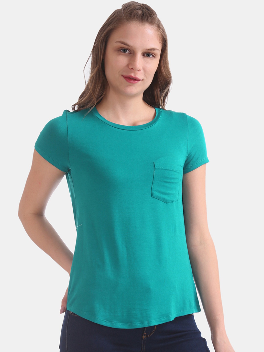 

Aeropostale Women Green Solid Round Neck T-shirt