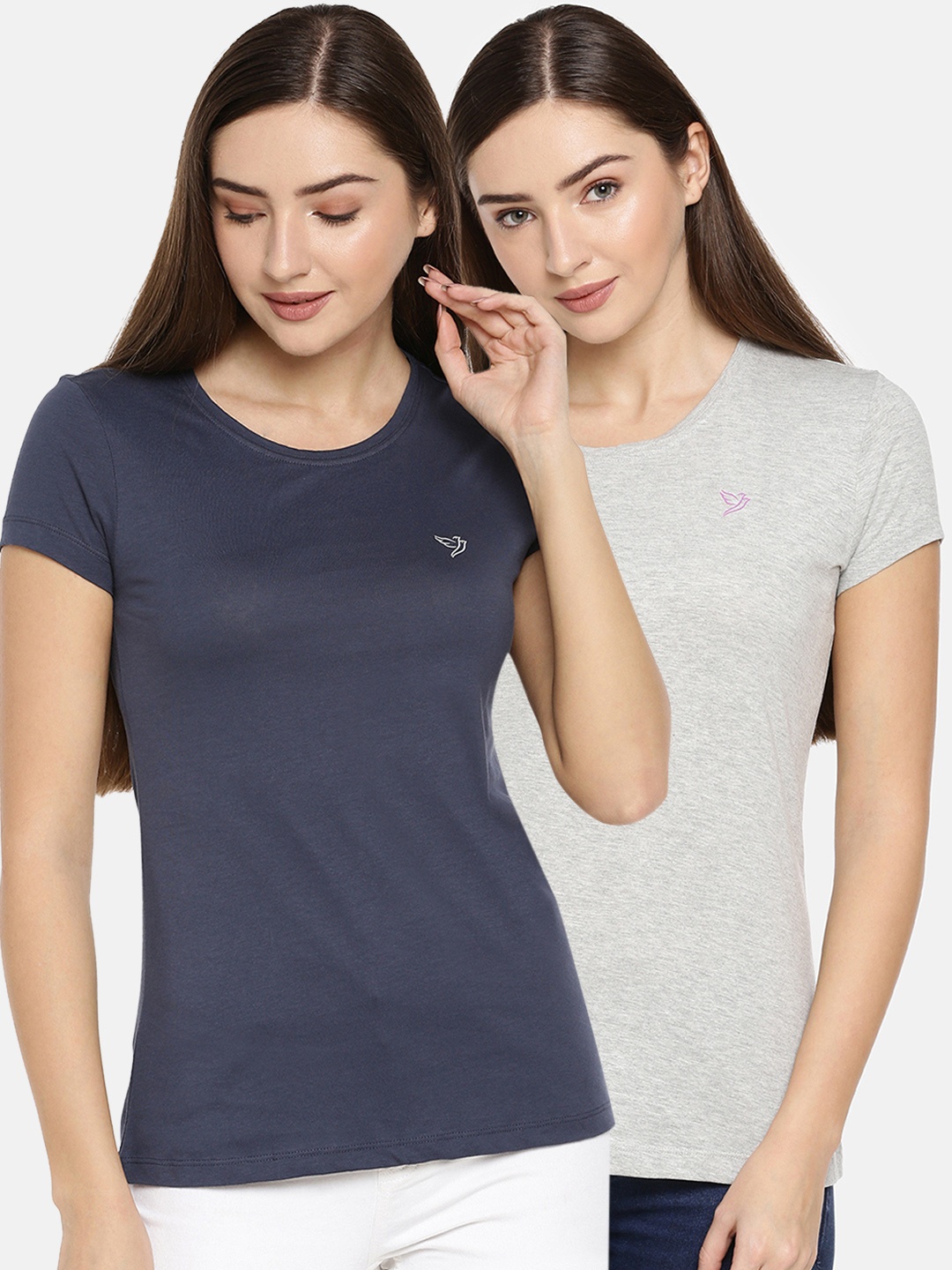 

TWIN BIRDS Women Pack of 2 Solid Round Neck T-shirt, Blue