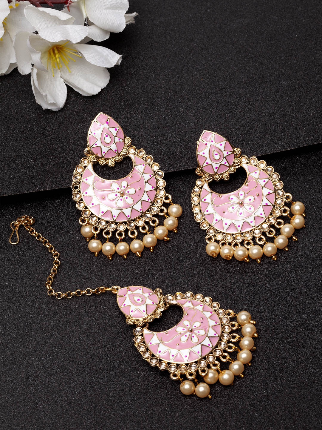 

Shining Diva Gold-Plated Pink & Off-White Kundan-Studded Pearl Embellished Meenakari Jewellery Set