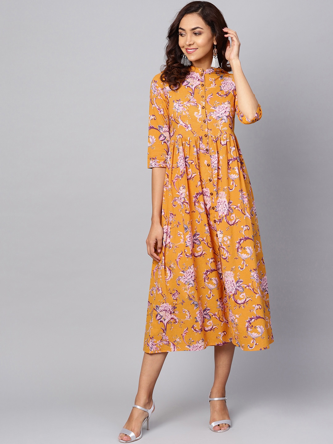 

anayna Women Yellow Printed Fit and Flare Dress