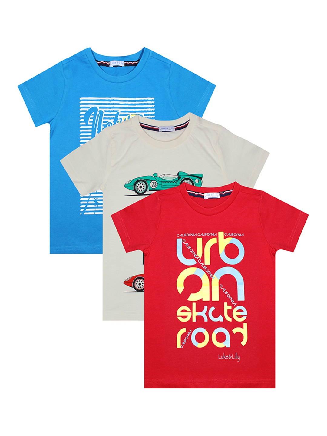 

Luke Lilly Boys Pack Of 3 Printed Round Neck Pure Cotton T-shirt, Red