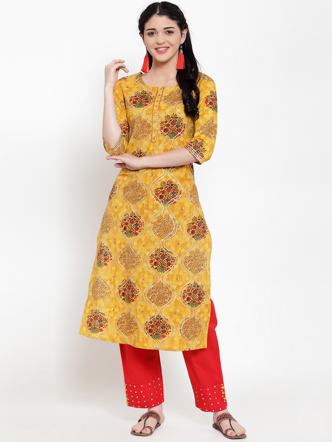 

ANAISA Women Mustard Yellow & Orange Embroidered Kurta with Trousers