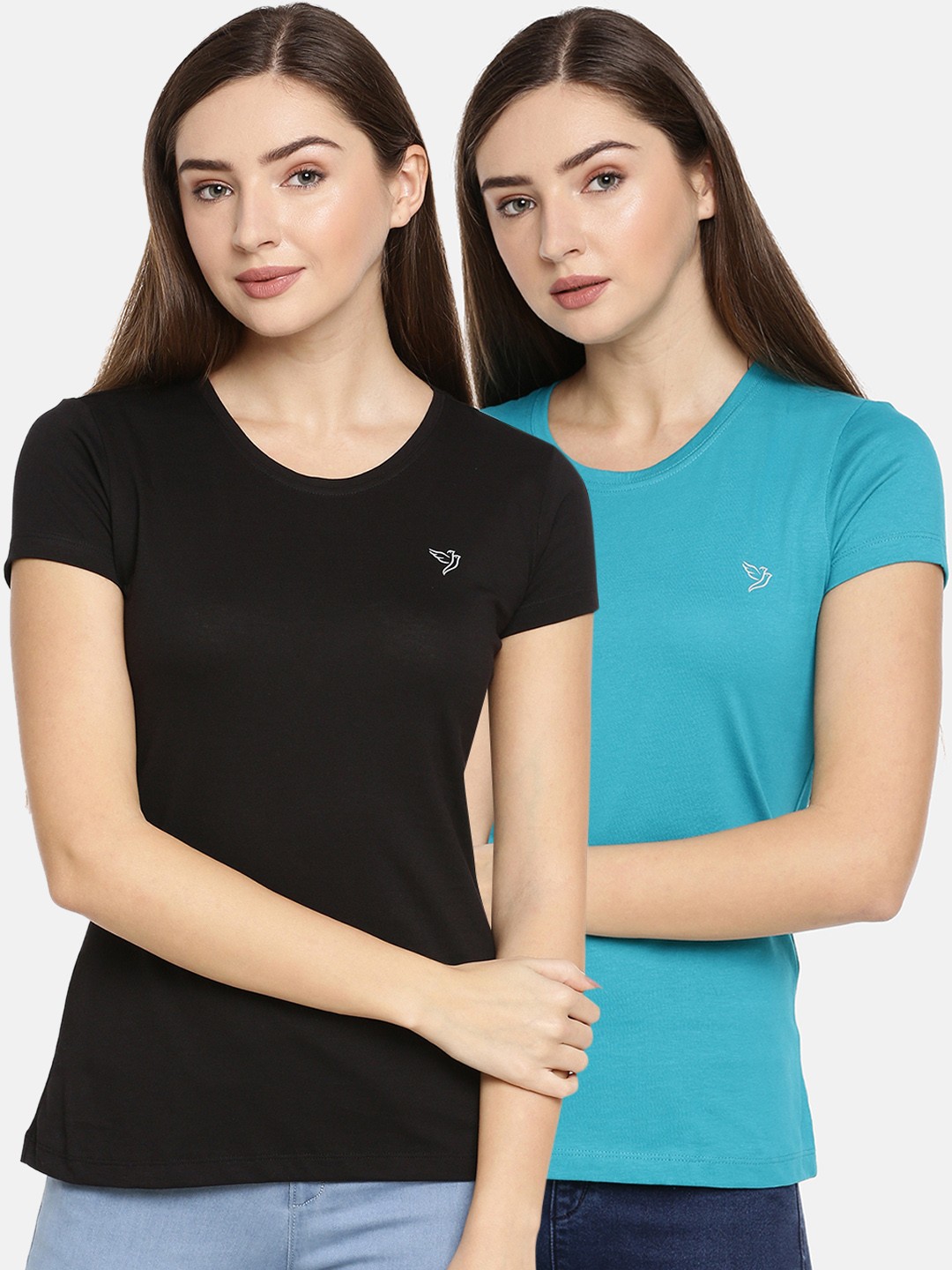 

TWIN BIRDS Women Pack Of 2 Black Blue Solid Round Neck Pure Cotton T-shirt