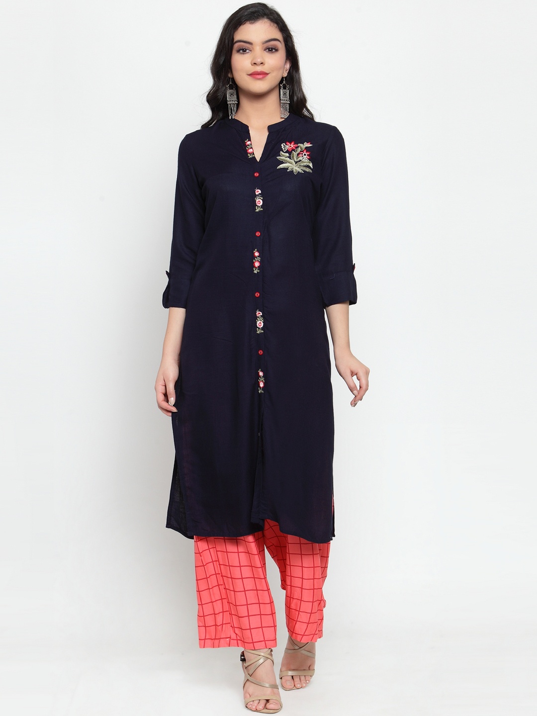 

ANAISA Women Navy Blue & Pink Embroidered Kurta with Palazzos