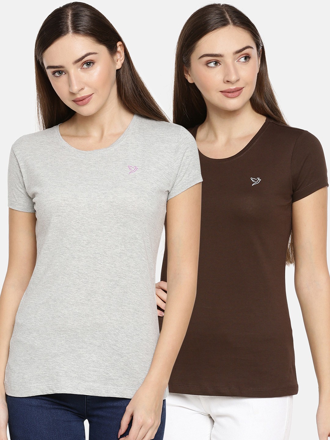 

TWIN BIRDS Women Pack Of 2 Solid Round Neck T-shirt, Grey melange
