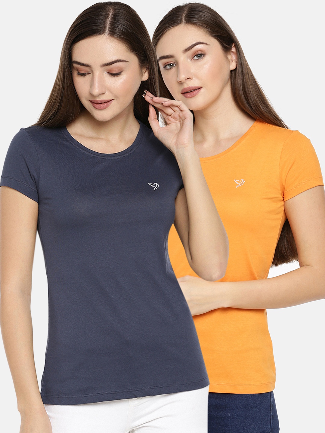 

TWIN BIRDS Women Pack Of 2 Mustard Yellow Navy Blue Solid Round Neck Pure Cotton T-shirt