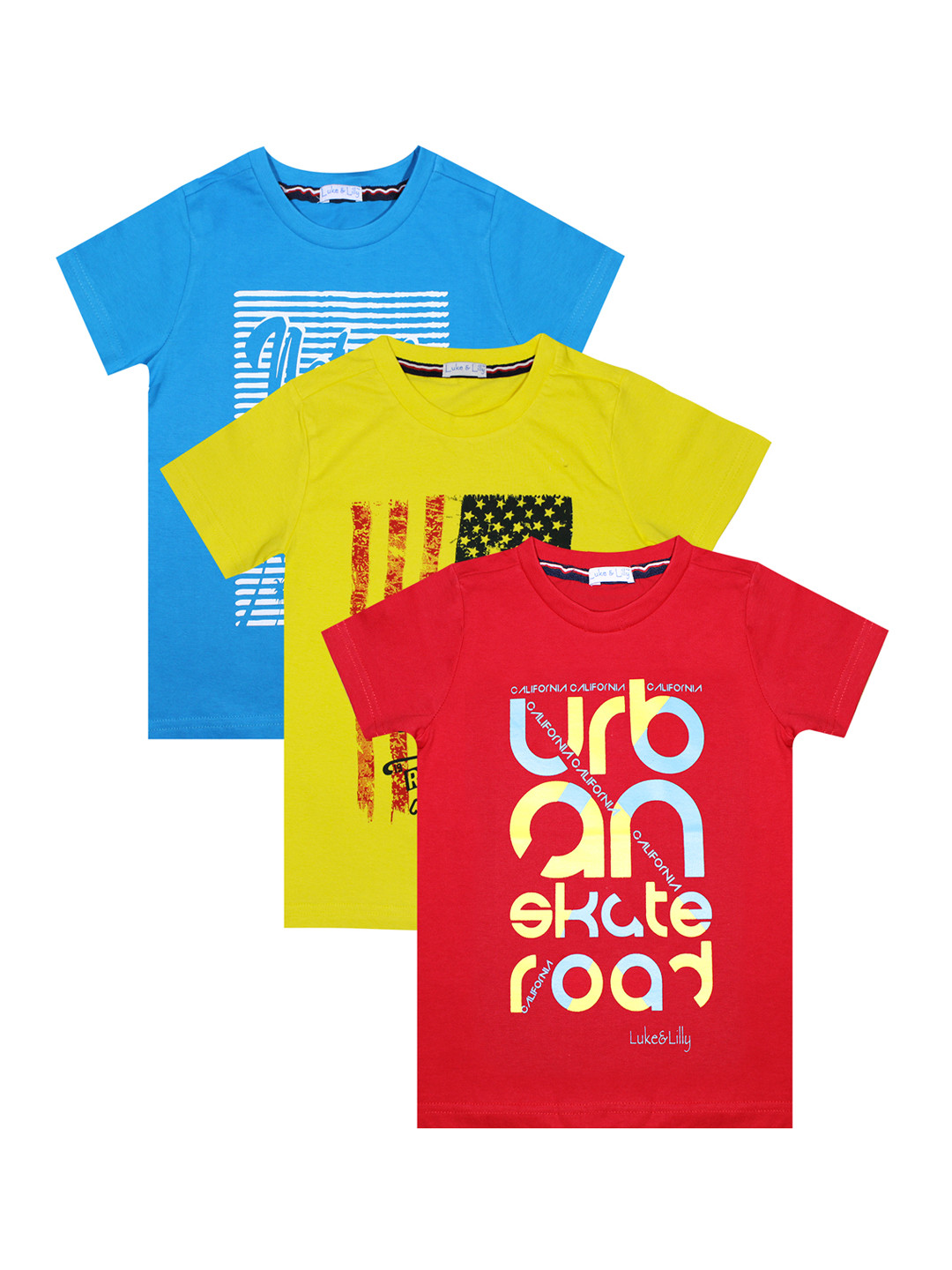

Luke Lilly Boys Pack of 3 Printed Round Neck Pure Cotton T-shirt, Red