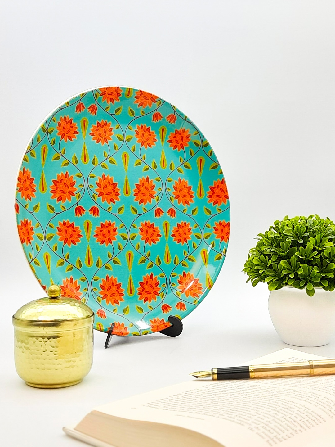 

KOLOROBIA Sea Green & Orange Babur Inspired Printed Plate Wall Decor