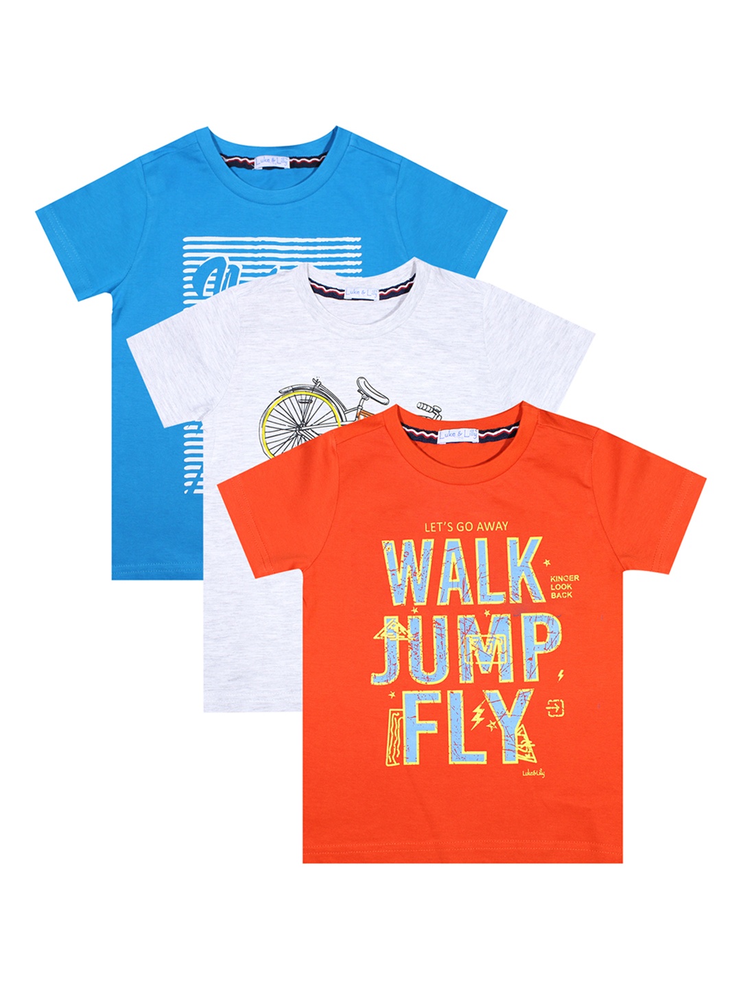 Luke Lilly Boys Pack of 3 Printed Round Neck Pure Cotton T-shirts, Blue