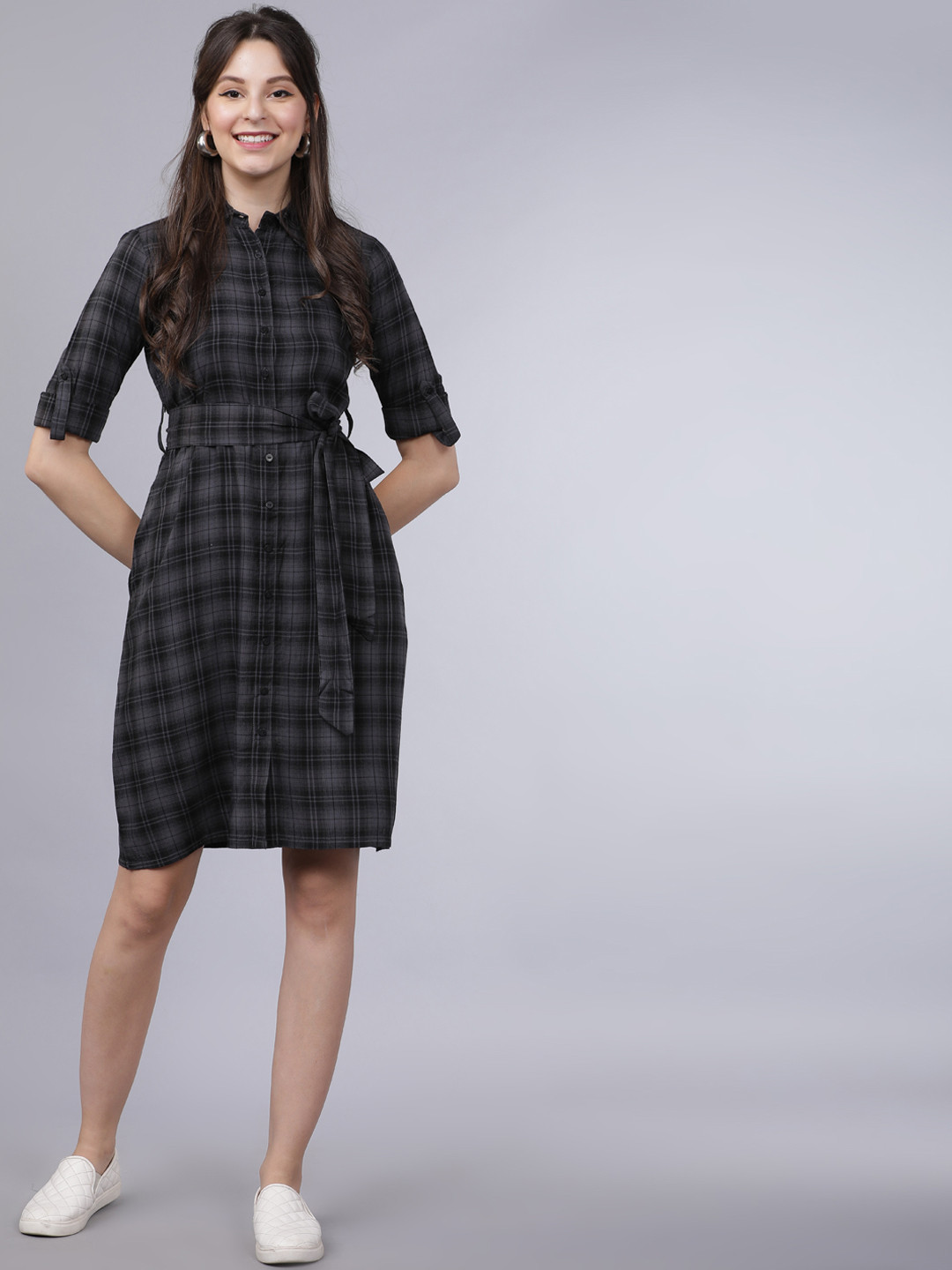 

Tokyo Talkies Women Grey Checked Shirt Dress