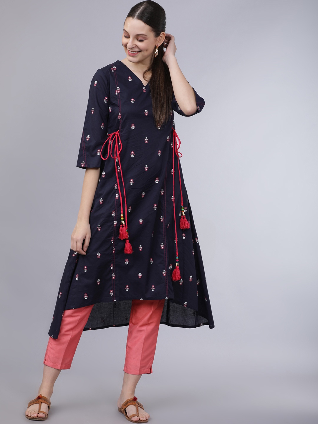 

Vishudh Women Navy Blue & Pink Floral Printed A-Line Kurta