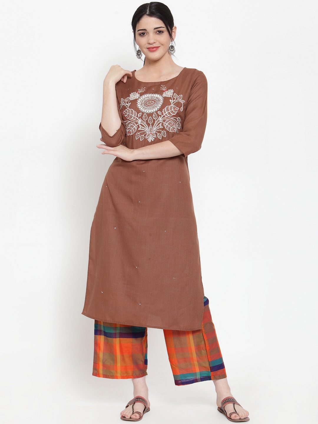 

ANAISA Women Brown Embroidered Kurta with Palazzos