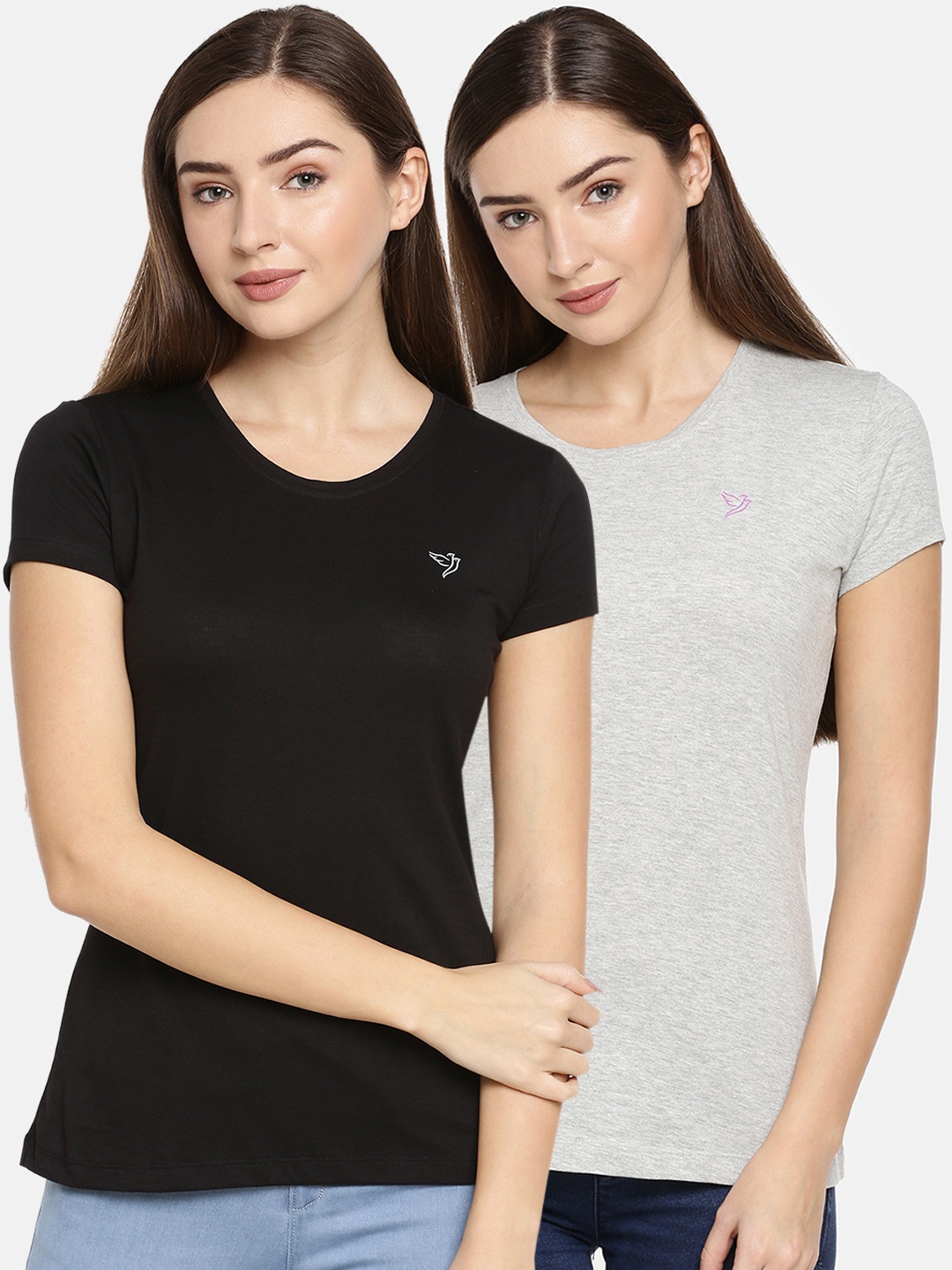 

TWIN BIRDS Women Pack Of 2 Solid Slim Fit Round Neck T-shirts, Black