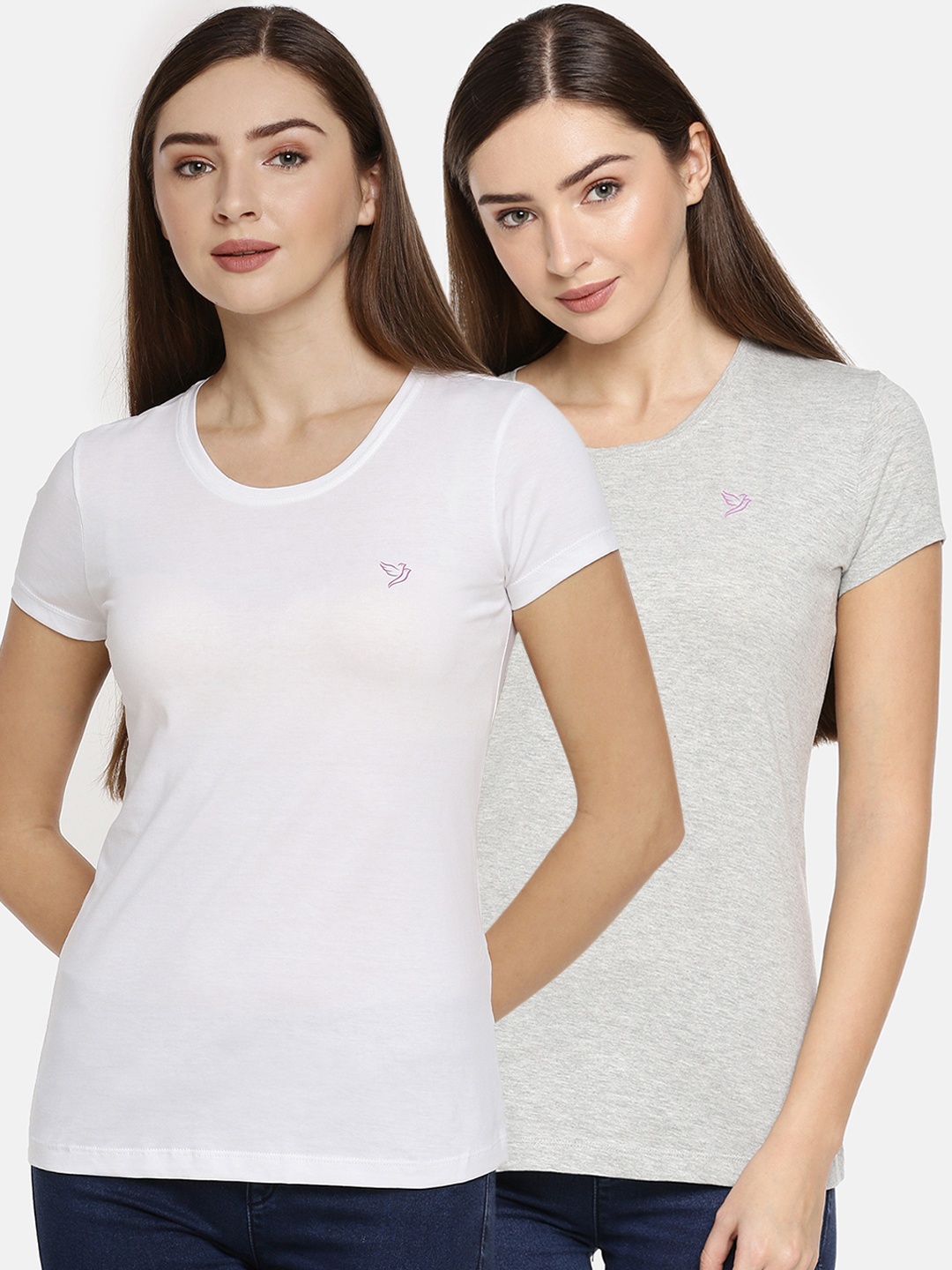 

TWIN BIRDS Women Pack of 2 Slim Fit Solid Round Neck T-shirts, White