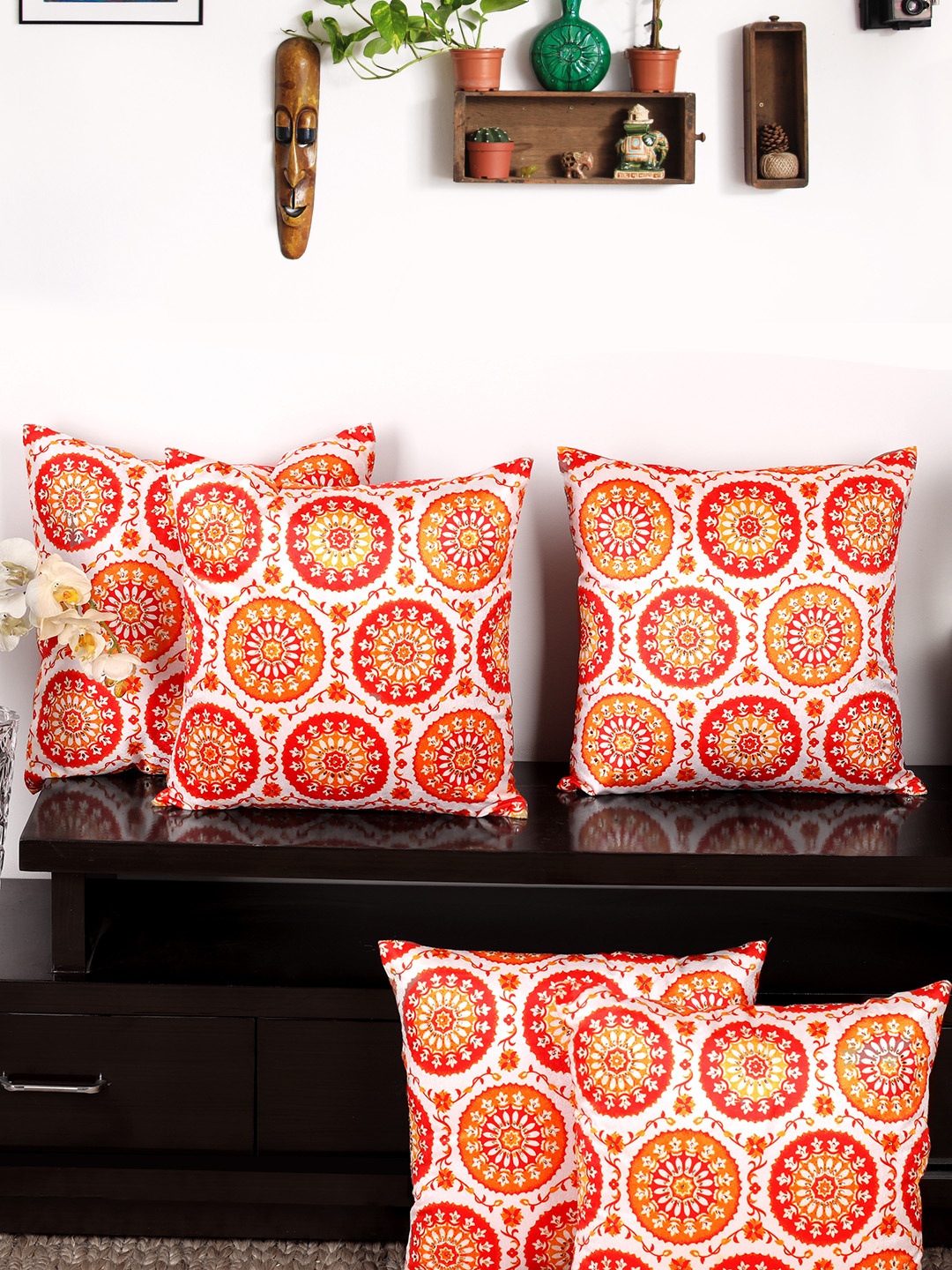 

NISRAG HOME Orange & Off-White Set of 5 Ethnic Motifs Square Cushion Covers