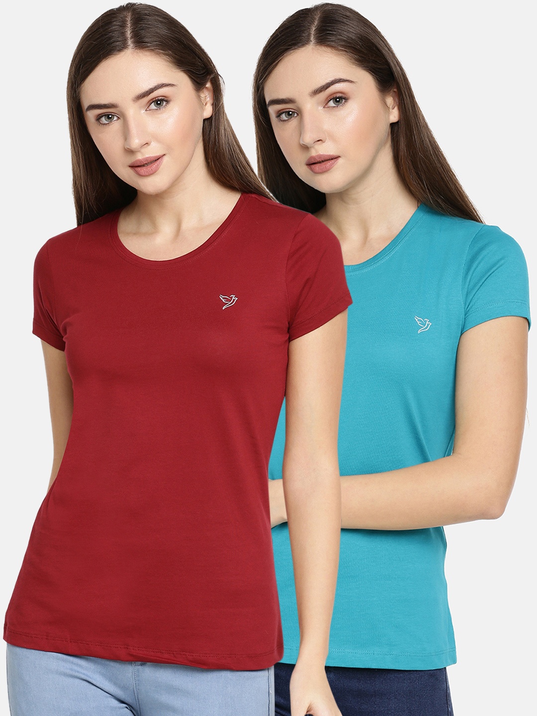 

TWIN BIRDS Women Blue Solid Round Neck Pure Cotton T-shirt