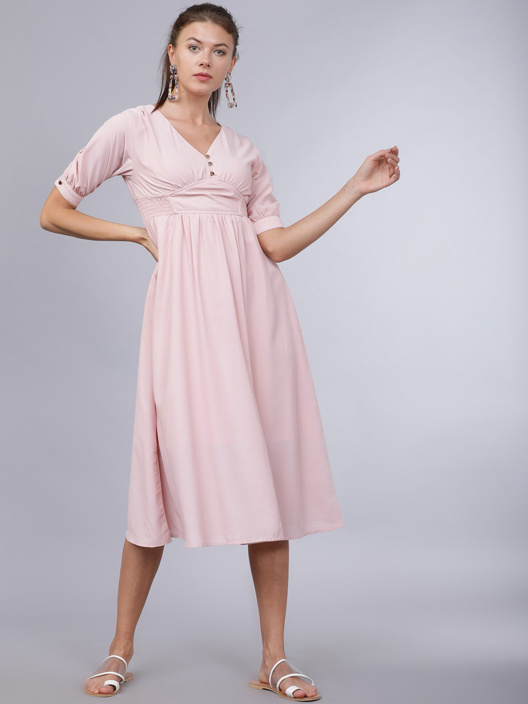 

Tokyo Talkies Women Pink Solid Fit and Flare Dress