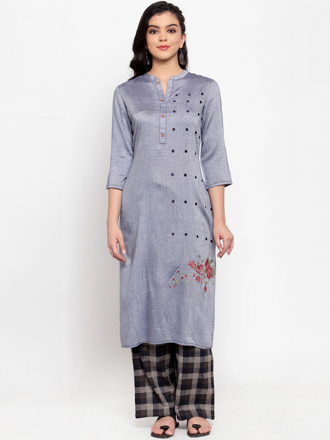 

ANAISA Women Blue & Grey Chambray Embroidered Kurta with Palazzos