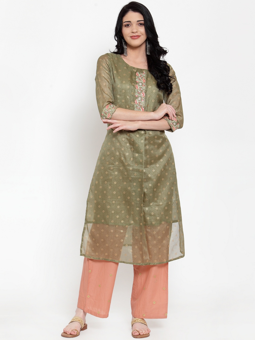 

ANAISA Women Olive Green & Peach-Coloured Embroidered Kurta with Palazzos