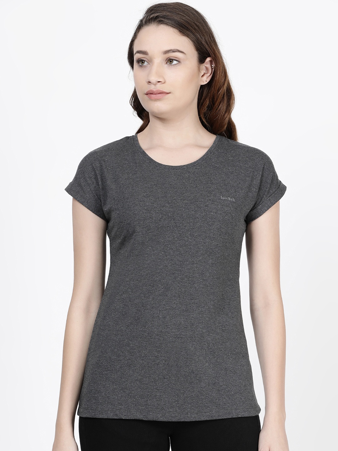 

TWIN BIRDS Women Grey Solid Round Neck T-shirt